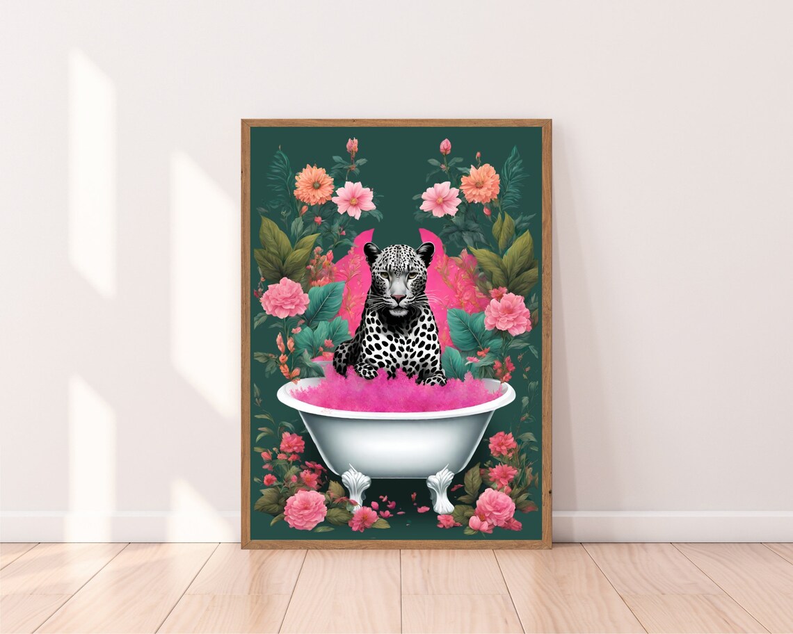 Black Leopard In A Bath Art Print, Safari Bathroom - Image 2