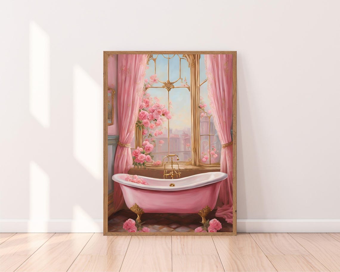 Pink Bathtub Before Tall Windows with Roses Romantic Decor Poster - Image 2