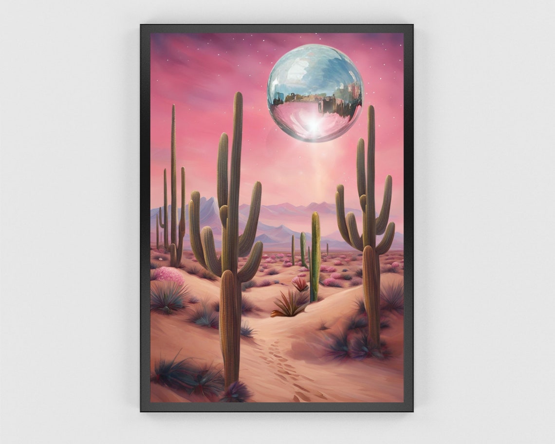Pink Saguaro Cactus Desert Disco Ball Moon Night Sky Retro Poster - Image 3