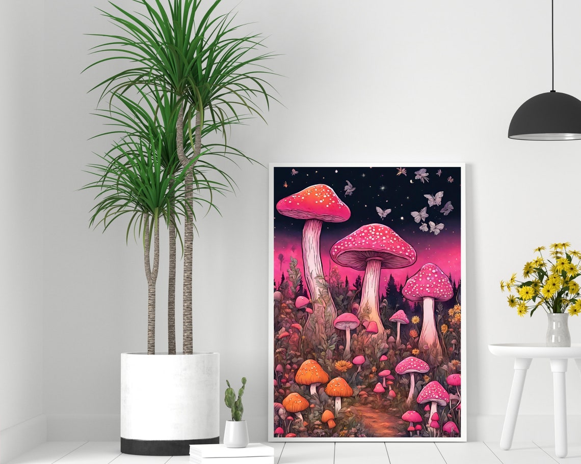 Magical Pink Mushroom Night Art Starry Forest Toadstool Print - Image 2