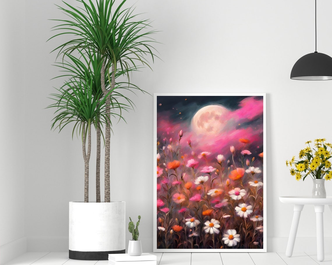 Full Moon Wildflower Night Art Blush Daisy Meadow Dream Print - Image 2