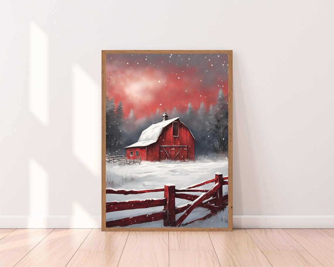 Red Barn Snowy Sunset Crimson Sky Farm Winter Scene Art Poster - Image 2