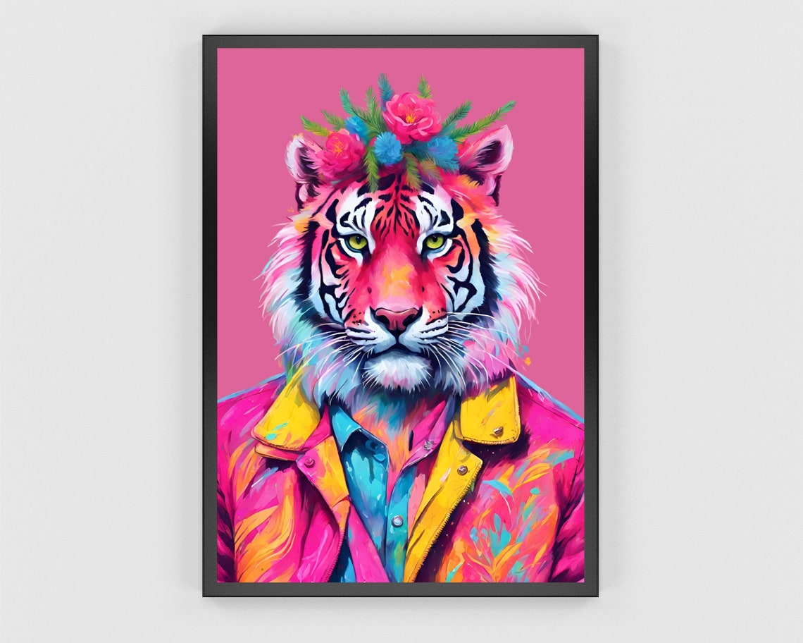 Colorful Tiger Flower Crown Pink Jacket Pop Art Portrait Poster - Image 3