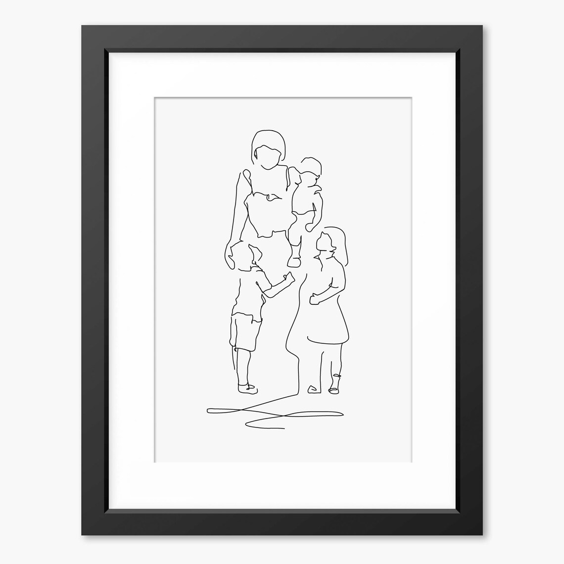 Mother and Three Children Playful Minimalist Line Art Poster