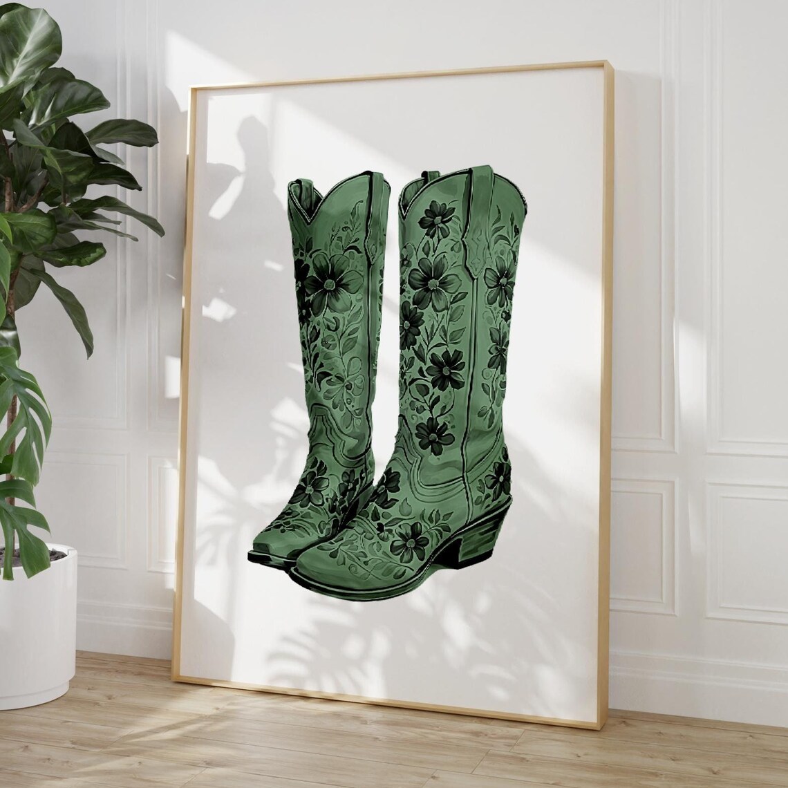 Sage Green Cowboy Boots Art Print, Coastal Cowgirl