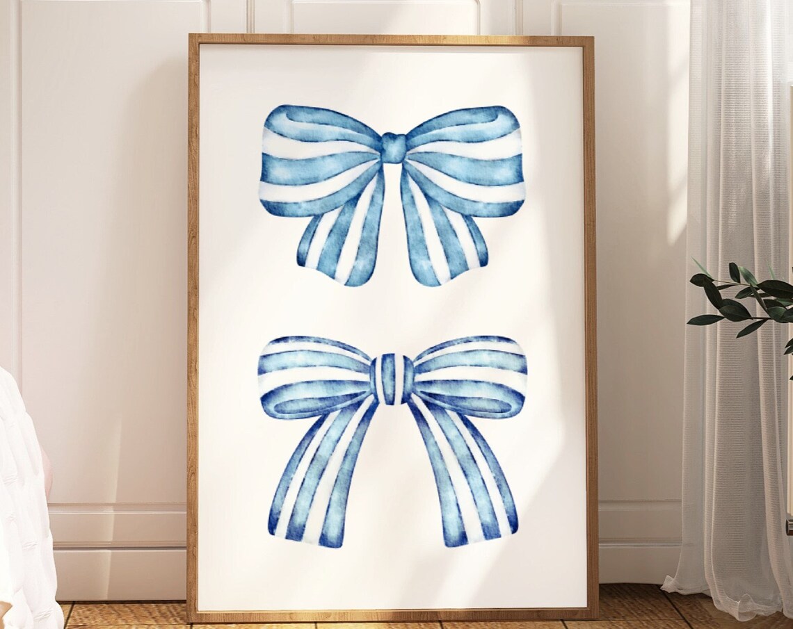 Blue Striped Watercolor Bows Duo Coastal Preppy Teen Room Poster