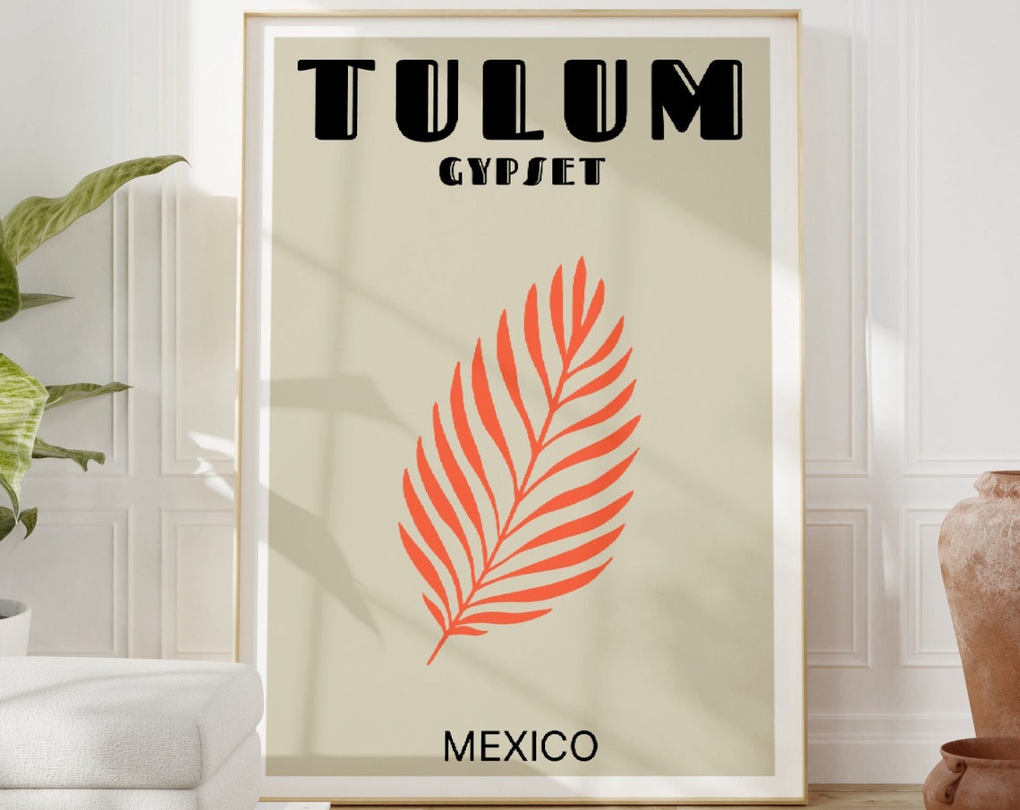 Tulum Gypset Mexico Orange Palm Leaf Boho Travel Poster Wall Decor