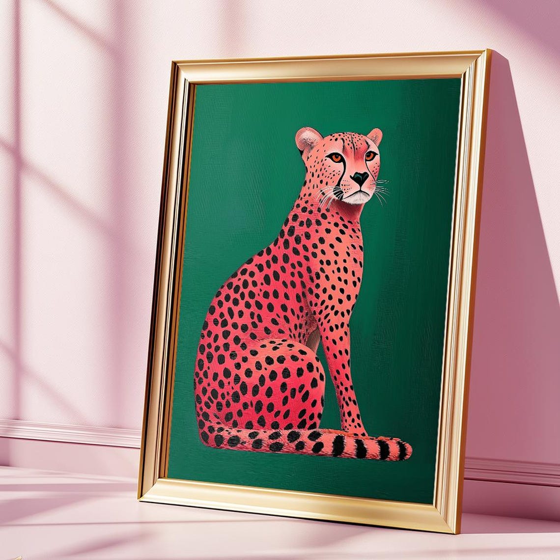 Pink Cheetah Sitting on Emerald Green Modern Animal Portrait Poster