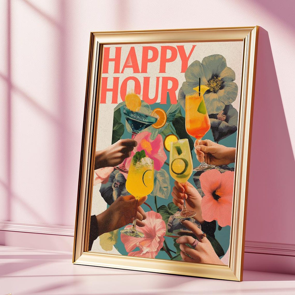Happy Hour Cocktail Collage Tropical Floral Retro Bar Poster