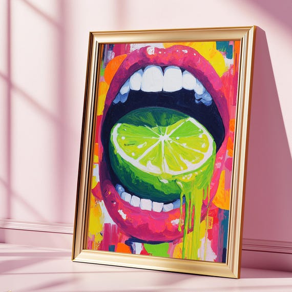 Fruity Lip Art Print Neon Lime Pop Lips Wall Bold Modern Food Kitchen Decor Physical