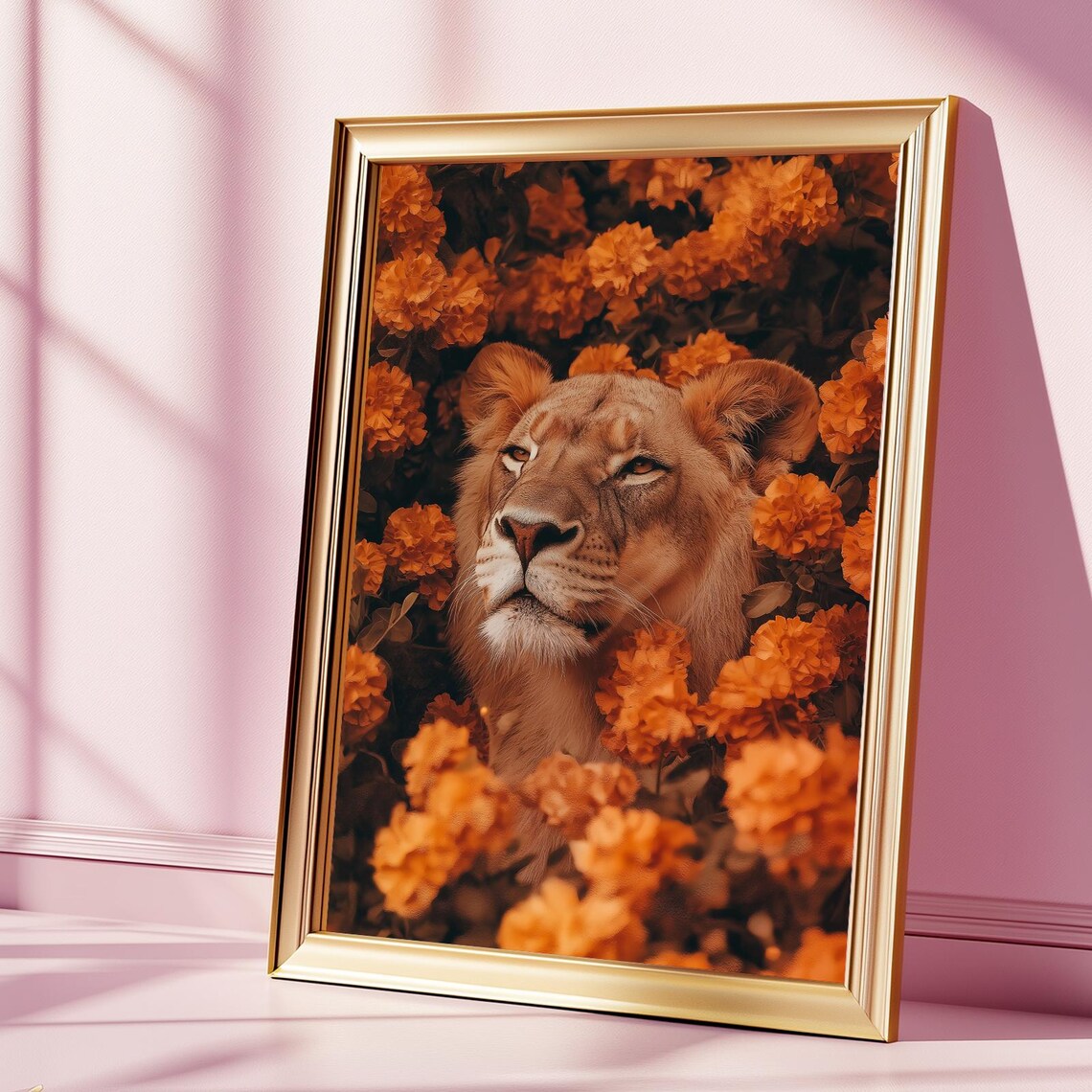 Lioness Among Orange Flowers Wild Portrait Golden Floral Safari Poster
