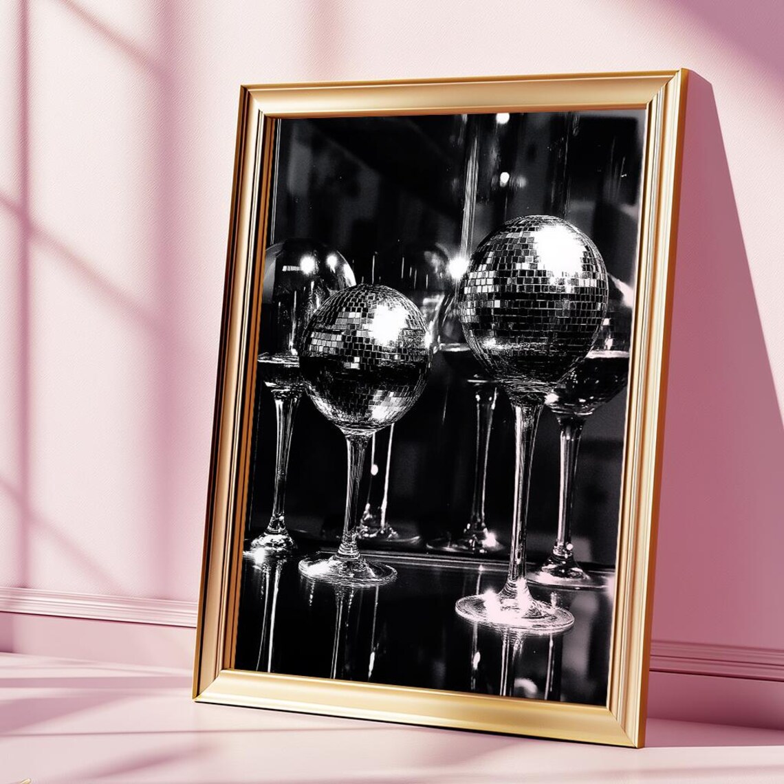 Disco Ball Cocktail Glasses Black and White Bar Cart Glam Party Poster