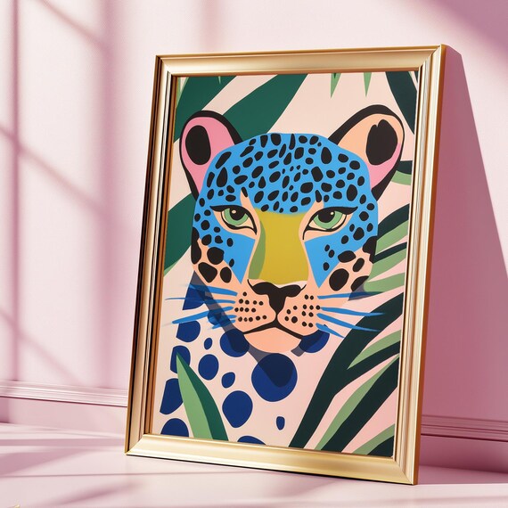Blue Leopard Pop Art Jungle Face Bold Colorful Big Cat Illustration Poster