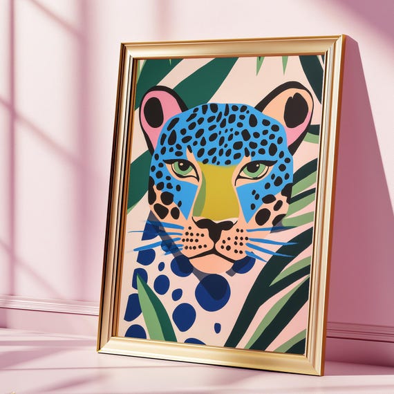 Blue Leopard Wall Art Colorful Jungle Cat Illustration Print Bold Animal Poster Modern Safari Decor Wild