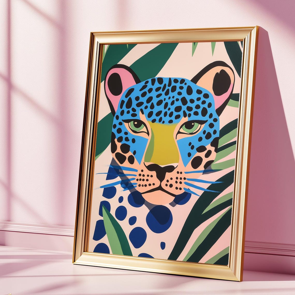 Blue Leopard Wall Art Colorful Jungle Cat Illustration Print Bold Animal Poster Modern Safari Decor Wild