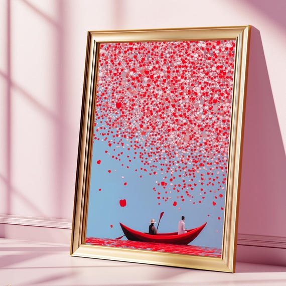 Chinese Man On Boat Throwing Cherry Blossoms Oil Painting Vintage Style Asian Poster Traditional Japandi Gift Nature Art