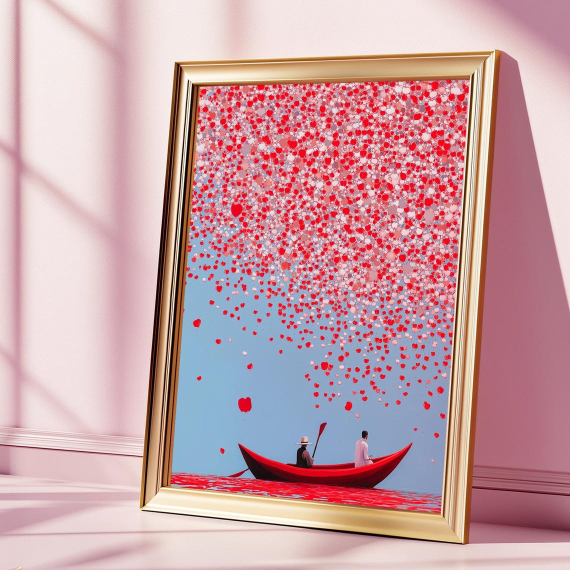 Red Canoe Under Cherry Blossom Petal Storm Romantic Dreamy Boat Poster