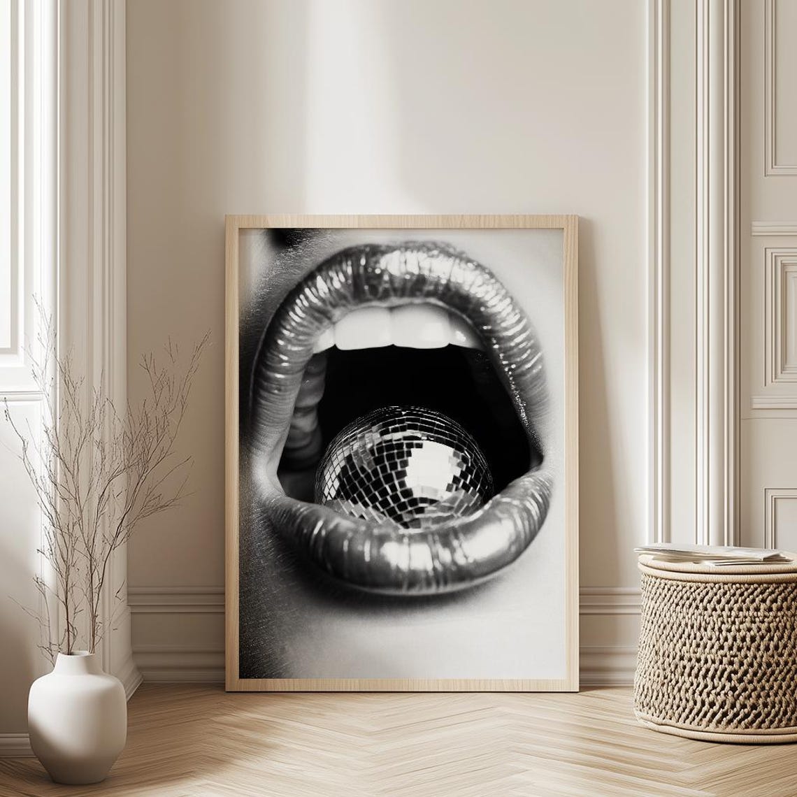 Woman Disco Ball Poster 70s Party Print Black And White Vintage Retro Trippy Wall Art Downlaoad