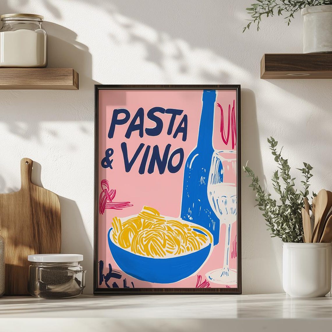 Pasta And Vino Pink Kitchen Wine Spaghetti Bar Cart Art Poster