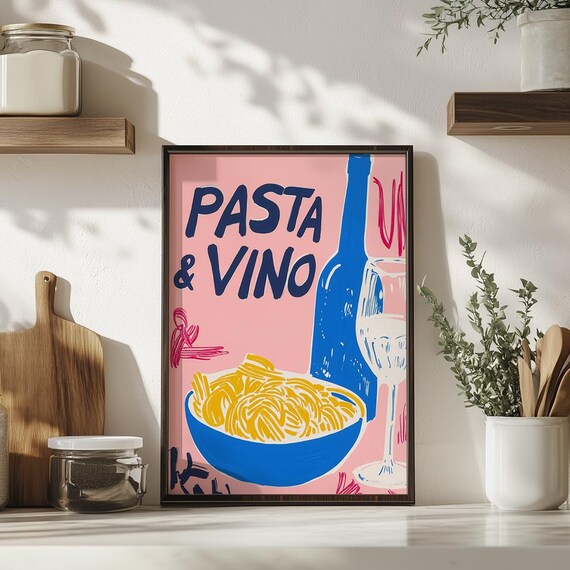 Pasta And Vino Pink Kitchen Wine Spaghetti Bar Cart Art Poster
