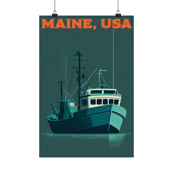 Maine USA Fishing Trawler Boat Retro Nautical Travel Art Poster