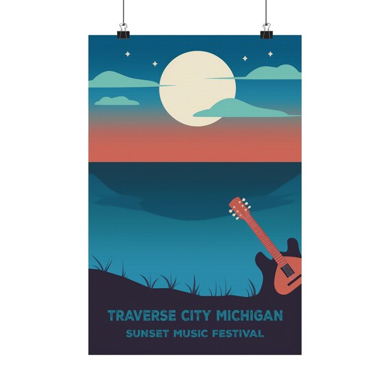 Traverse City Michigan Sunset Music Festival Guitar Moon Poster