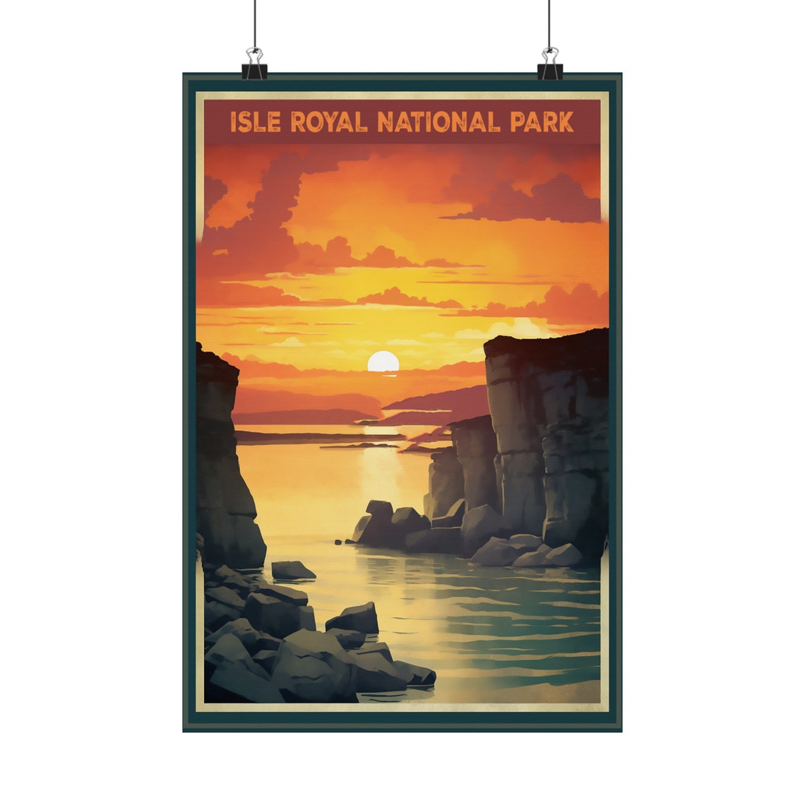 Isle Royal National Park Sunset Lake Superior Cliffs Travel Poster