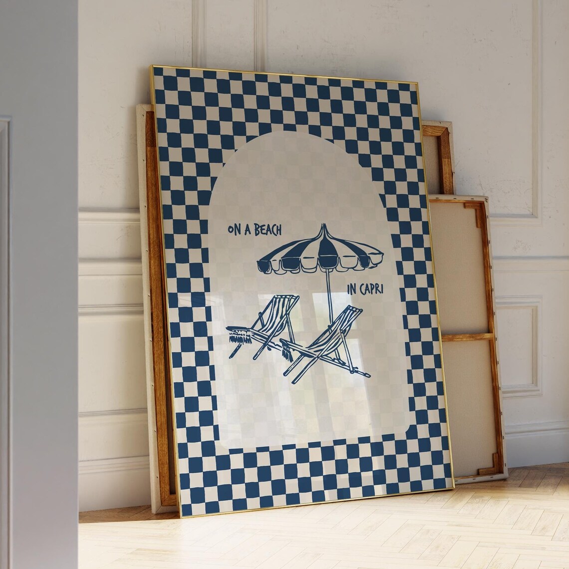On A Beach In Capri Navy Checkered Retro Travel Illustration Poster - Image 3