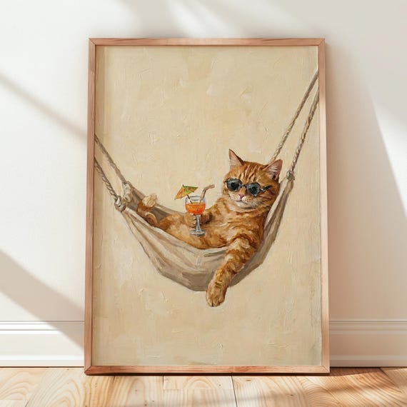 Funny Cat Poster, Dopamine Decor Funky Oil Painting