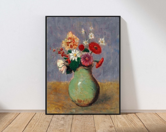Vintage Floral Still Life Oil Painting Poster with Green Vase