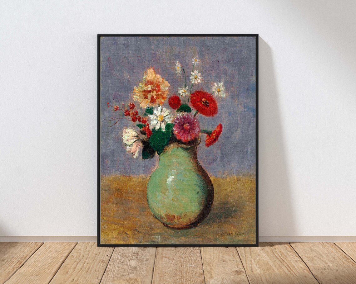 Vintage Floral Still Life Oil Painting Poster with Green Vase