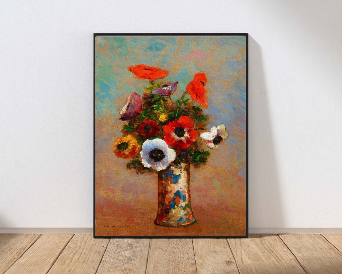 Odilon Redon Anemones in Patterned Vase Floral Still Life Print