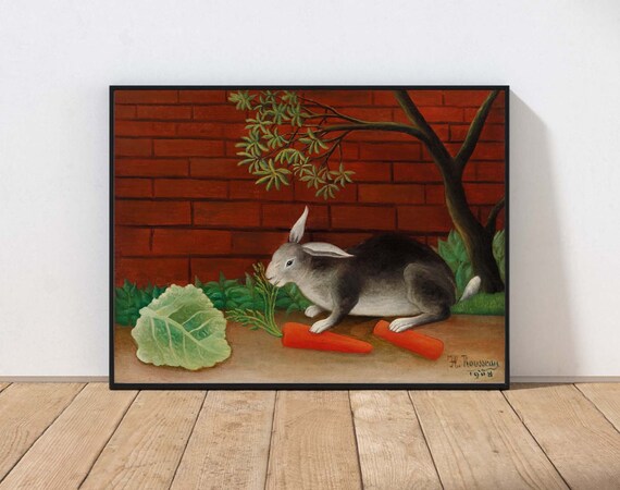Bunny Rabbit Wall Art Carrot Vintage Antique Painting Rustic Farmhouse Country Classic Home Room Decor Mailed Print Or Instant Her4