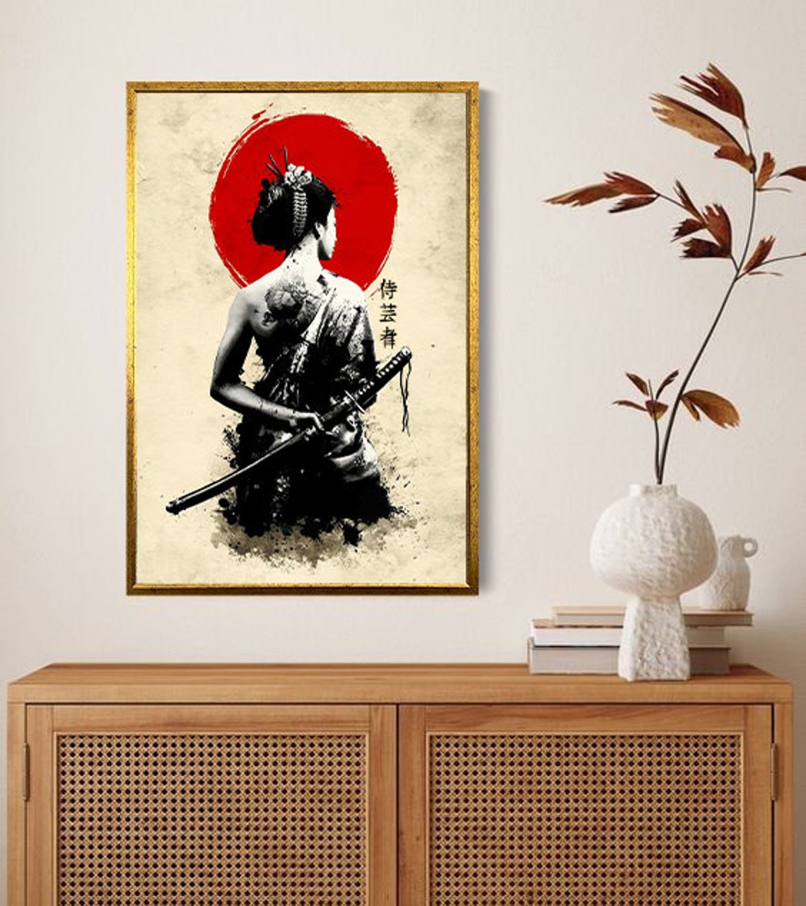 Japanese Warrior Woman with Katana Before Red Sun Samurai Poster - Image 2