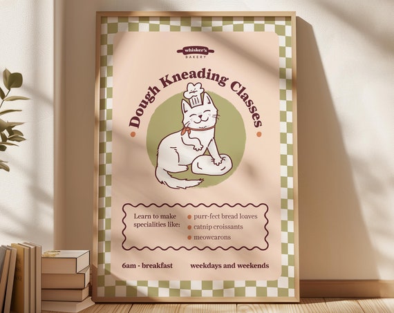 Dough Kneading Classes Cat Poster, Fun Baking Lessons