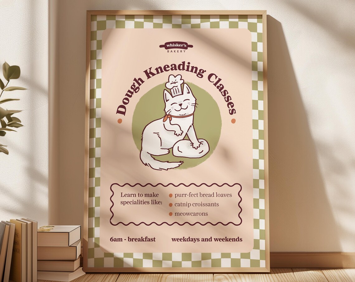 Dough Kneading Classes Cat Poster, Fun Baking Lessons