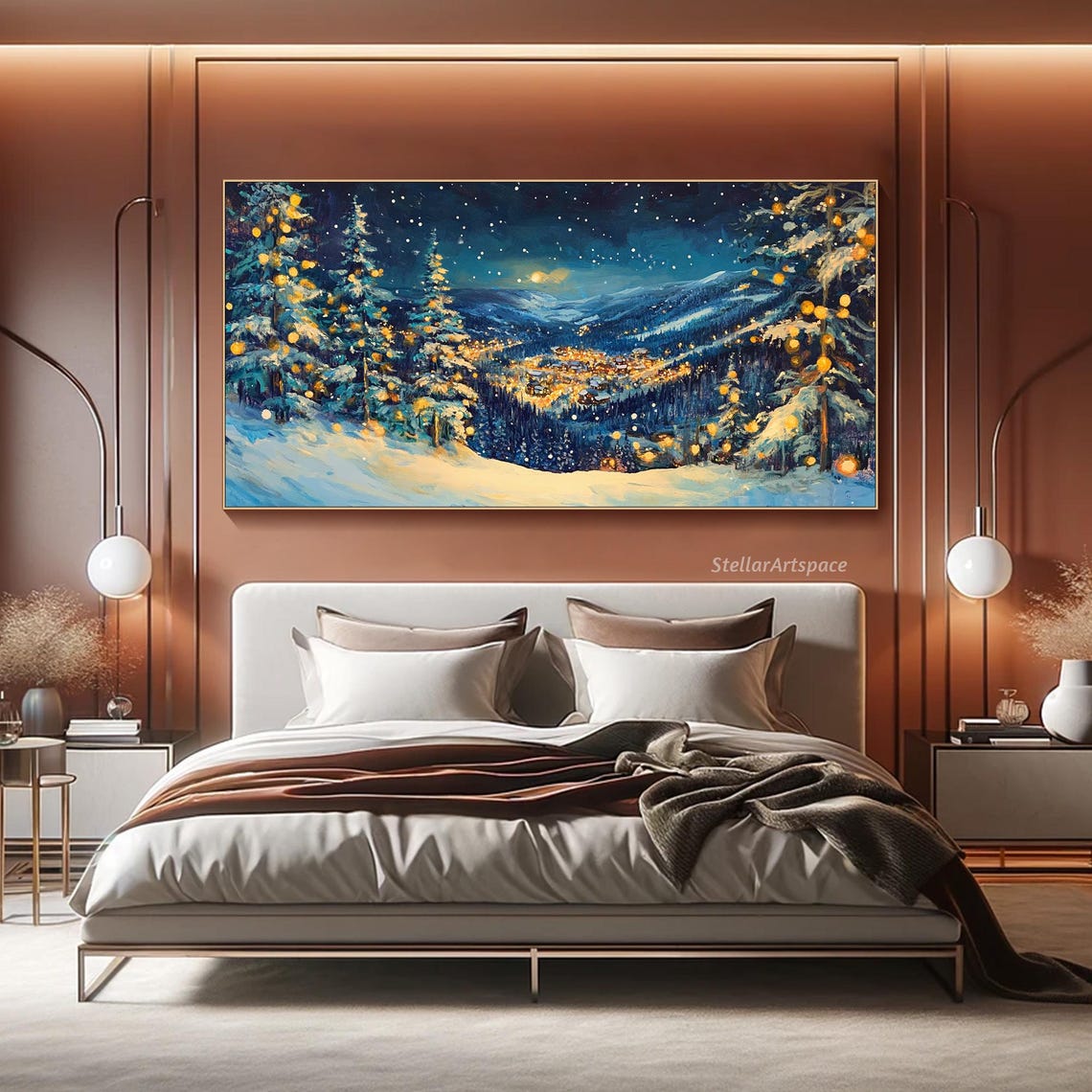 Snowy Village Christmas Night Lights Starry Mountain Winter Poster - Image 5