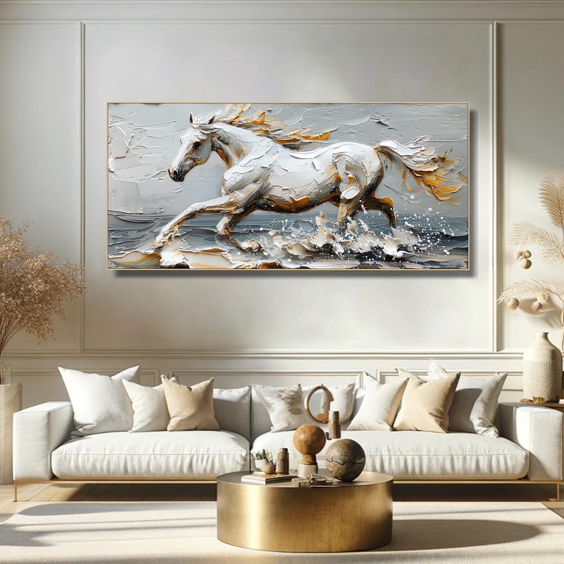 Majestic White Horse Galloping Neutral Gray Gold Impasto Art Poster - Image 5