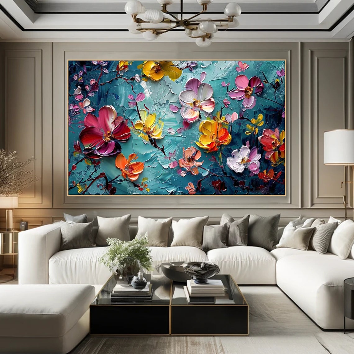 Vibrant Blossom Bouquet Pink Yellow Turquoise Impasto Floral Poster - Image 6