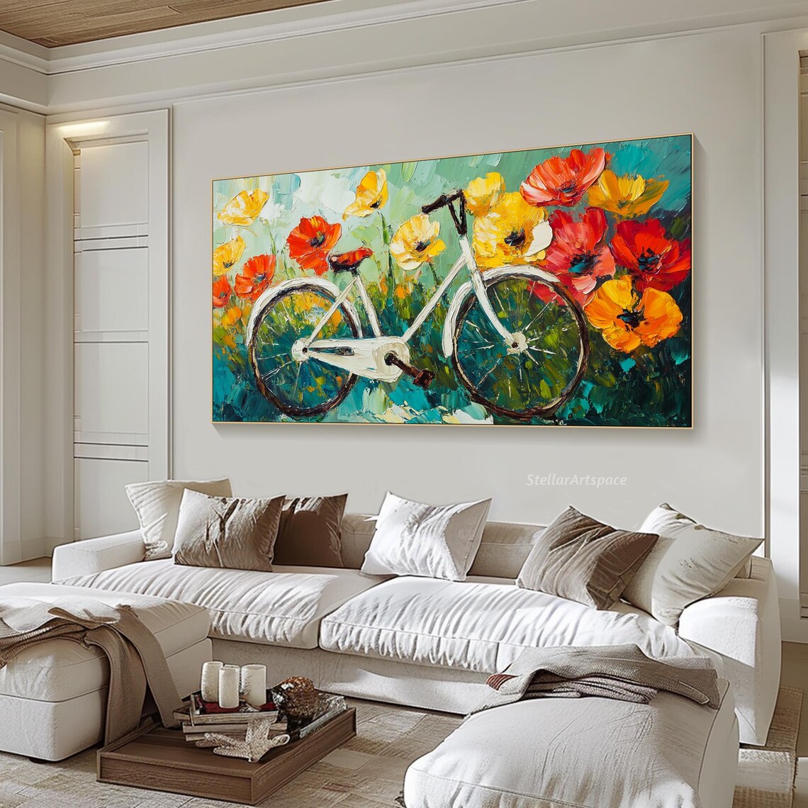 White Bicycle Giant Poppies Colorful Impasto Floral Bike Art Poster - Image 6