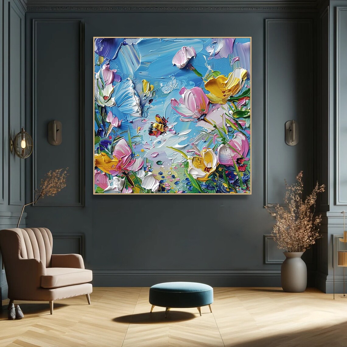 Colorful Blossom Butterfly Garden Impasto Oil Painting Floral Poster - Image 6
