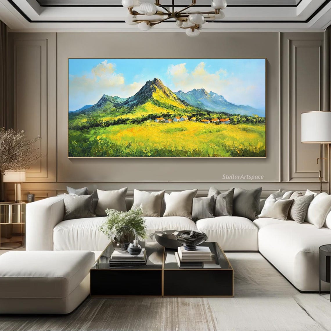 Original Mountain Painting On 3d Green Fields Textured Wall Art Peaceful Valley Painting Modern Rustic Decor Large Living Room Art - Image 3