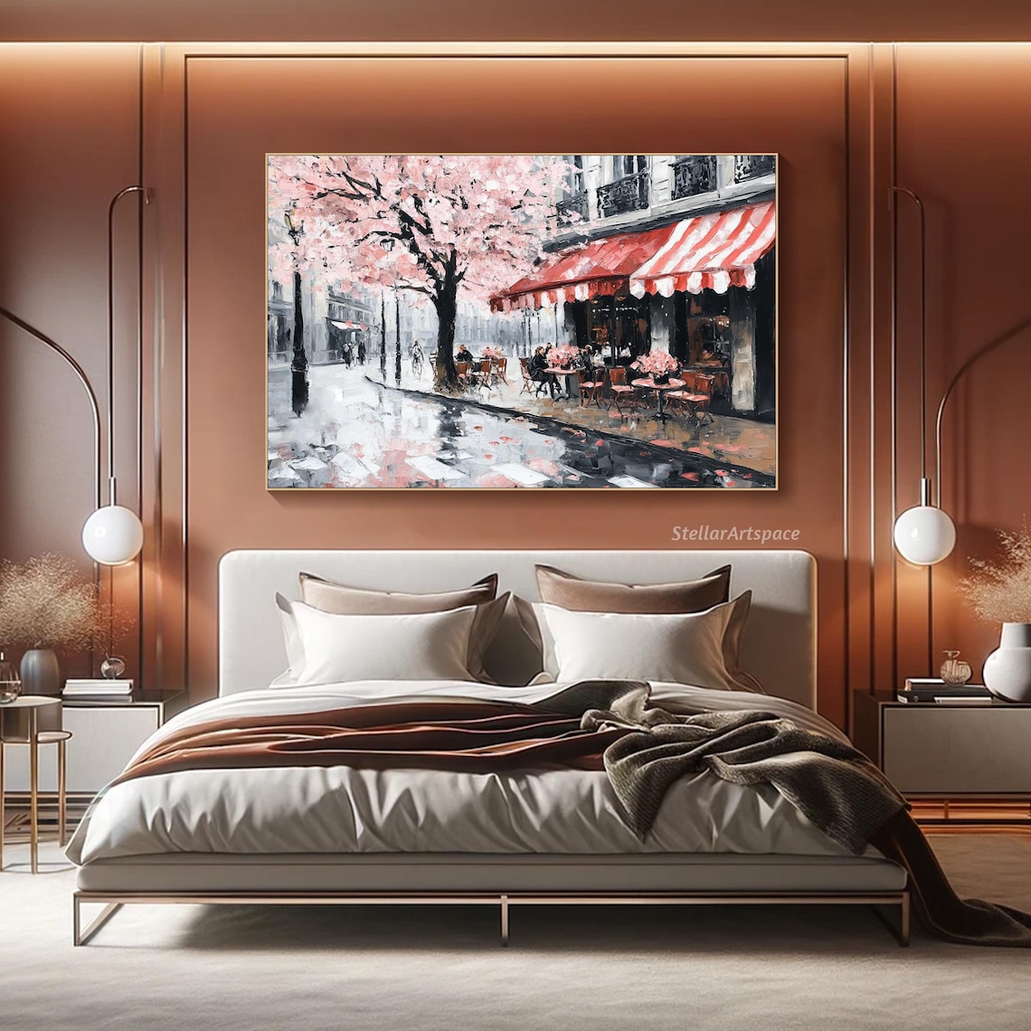 Paris Street Cafe Cherry Blossom Red Awning Rainy Day Travel Poster - Image 3