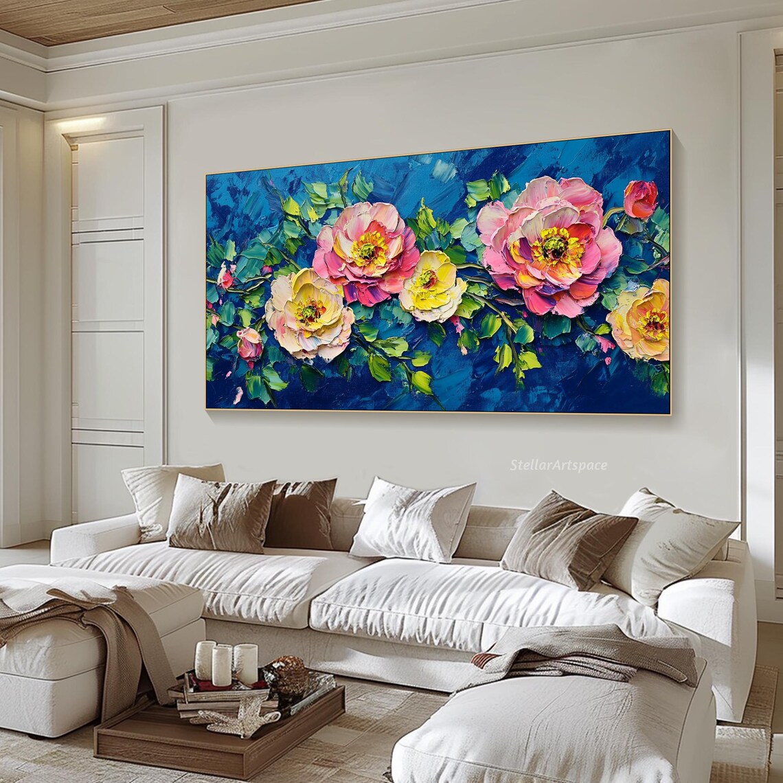 Peony Blossoms Pink Yellow Deep Blue Impasto Bold Floral Poster - Image 6