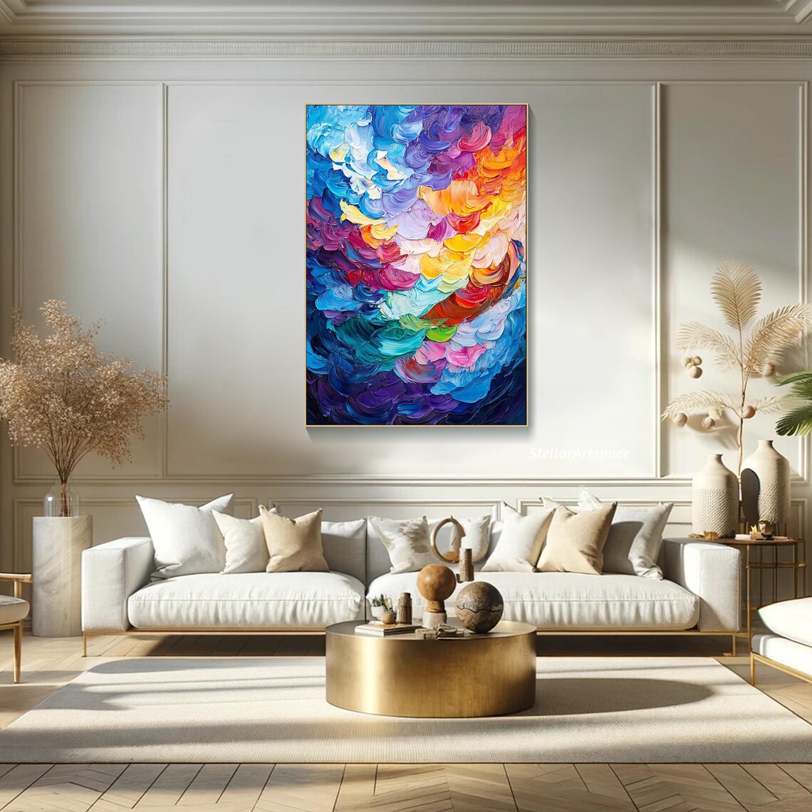 Colorful Abstract Swirl Diptych Impasto Rainbow Texture Wall Art - Image 3