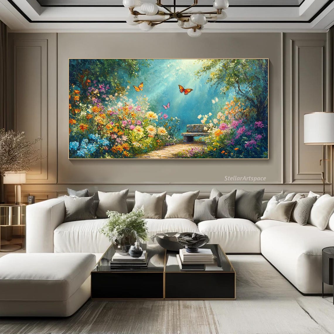 Butterfly Garden Colorful Blossoms Bench Sunny Path Painting Poster - Image 3