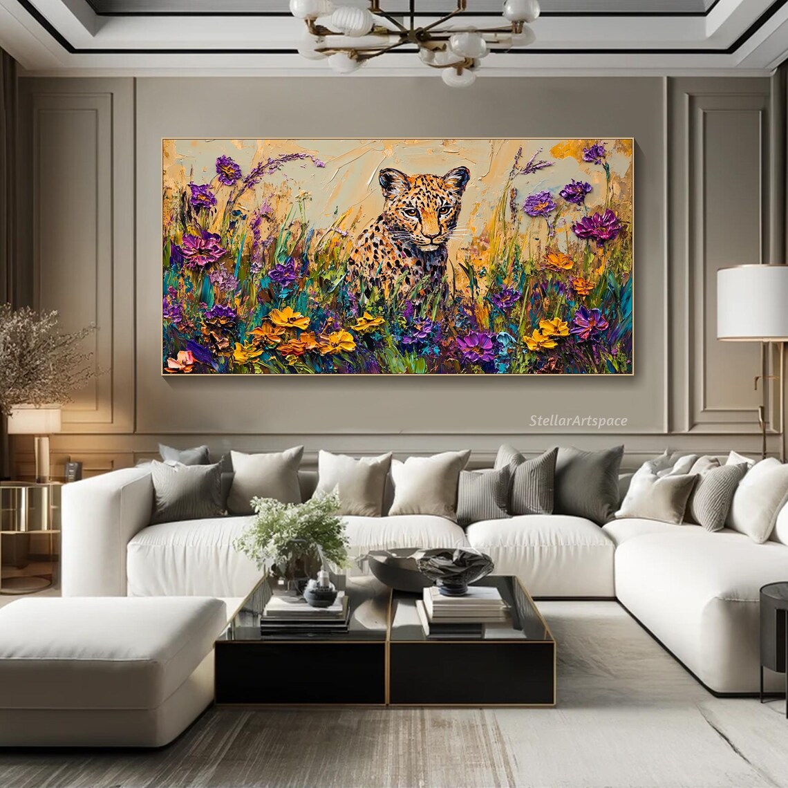 Leopard In Wildflower Meadow Colorful Wildlife Big Cat Painting Art Poster - Image 3