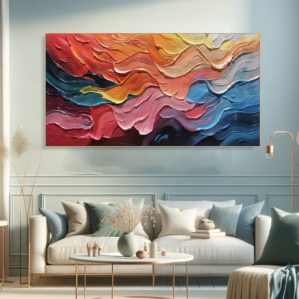 Rainbow Wave Swirls Red Orange Blue Textured Impasto Art Poster - Image 2