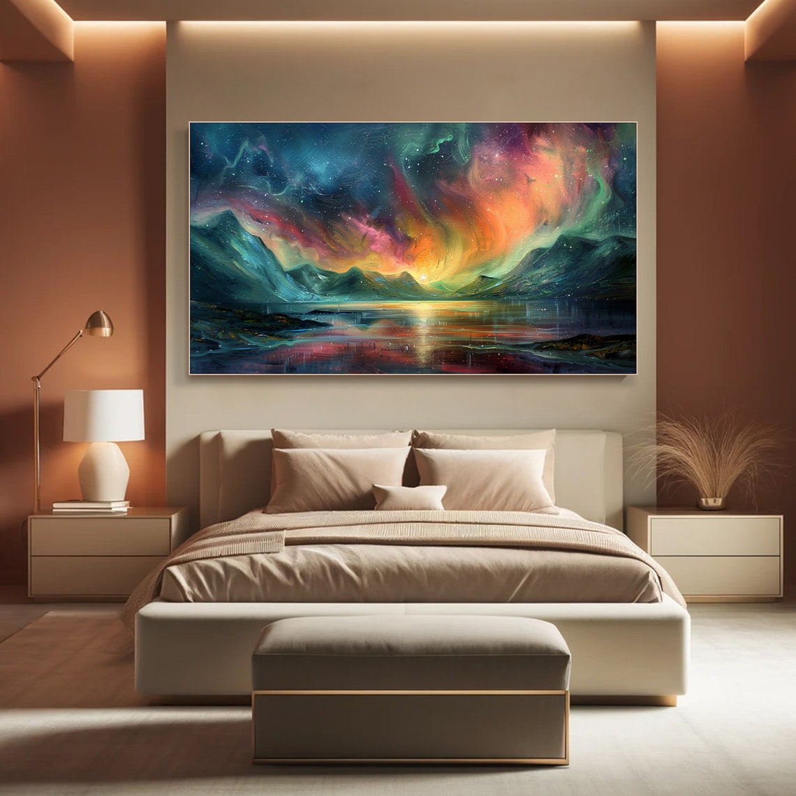 Aurora Borealis Colorful Night Sky Mountain Lake Reflection Poster - Image 2