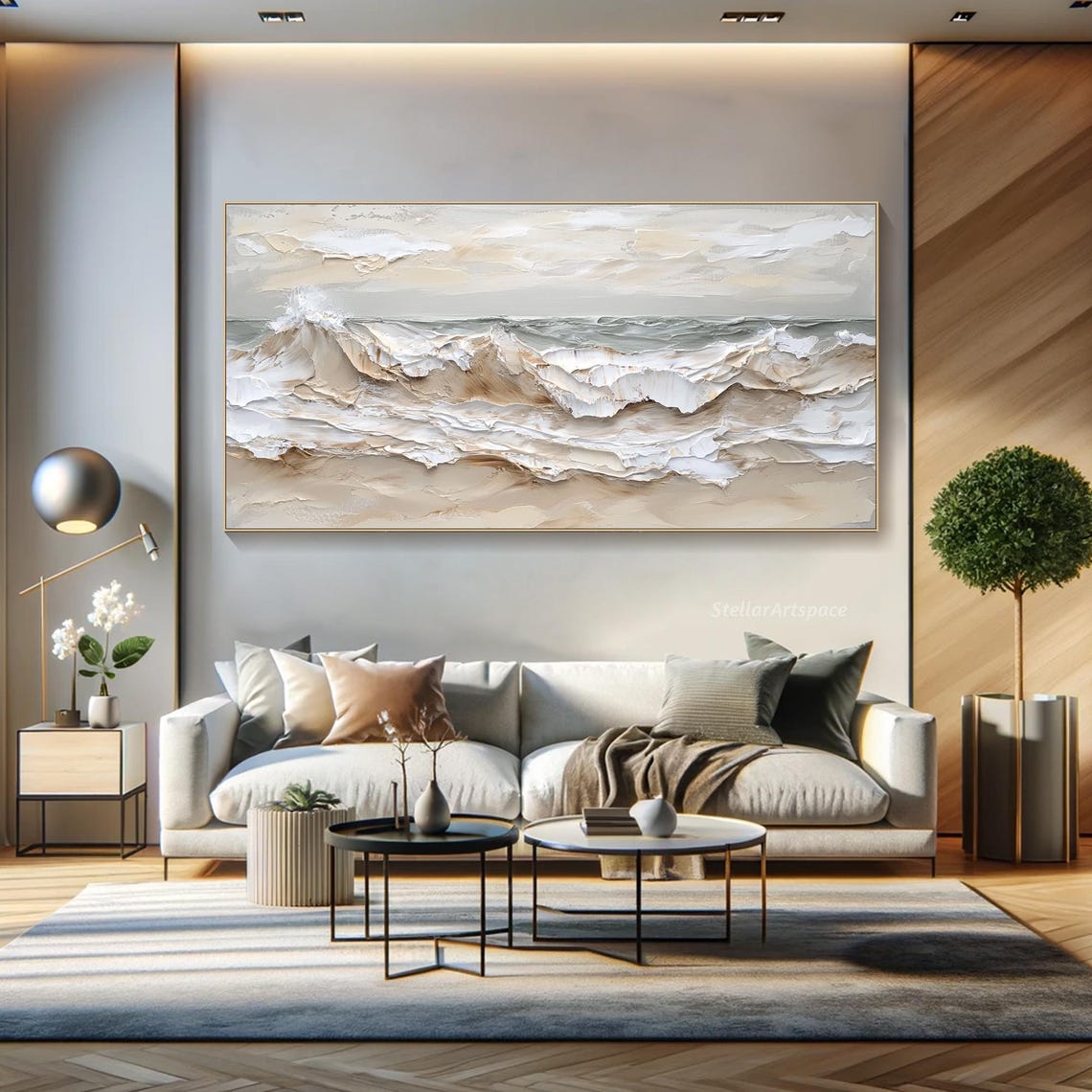 Neutral Ocean Waves Beige White Minimalist Coastal Impasto Art Poster - Image 5